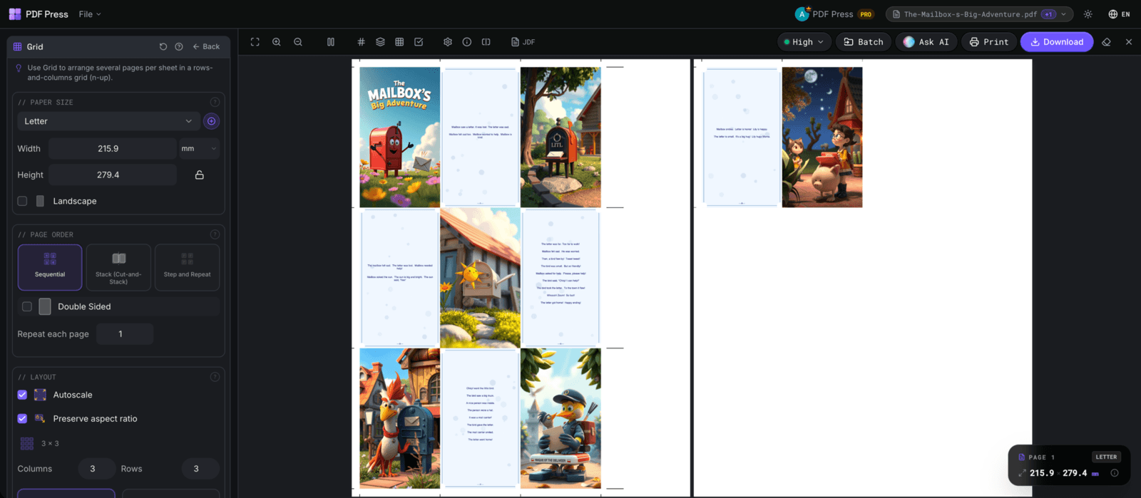 PDF Press browser workspace showing a live four-up PDF imposition preview