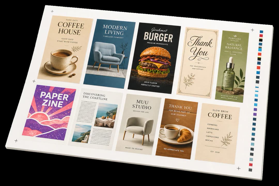 Gang Sheet print production example: Packs several different jobs onto one sheet to share press setup.