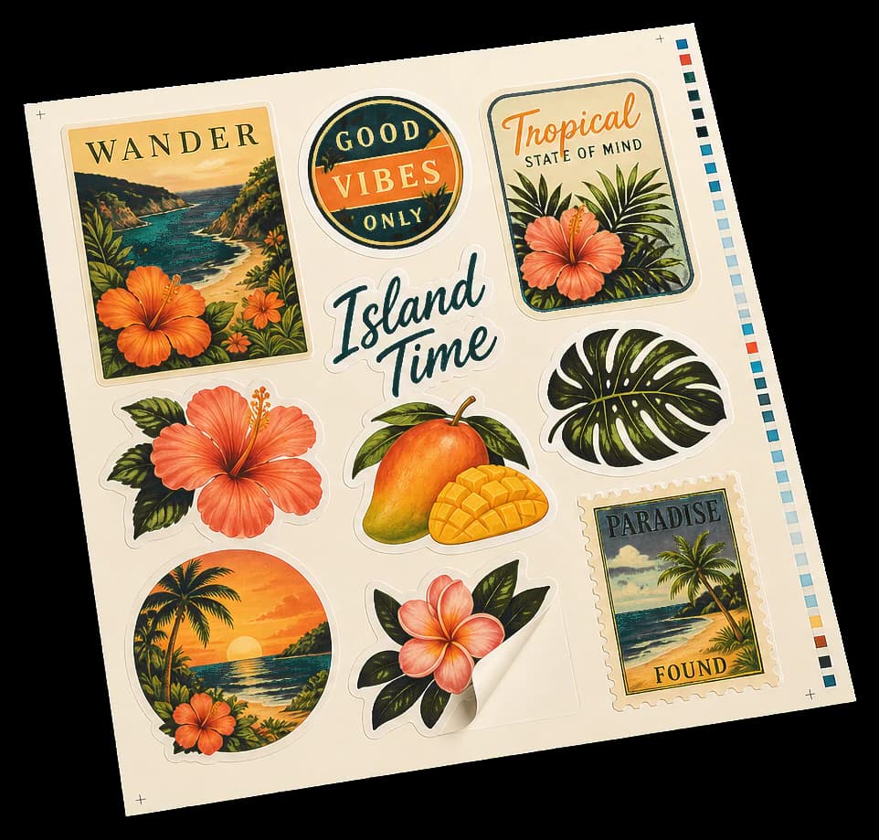 Stickers print production example: Nests one design into a sticker grid on sheets or rolls.