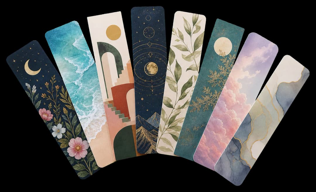 Bookmarks print production example: Slim double-sided bookmarks imposed six-up with gutter-safe crop marks.