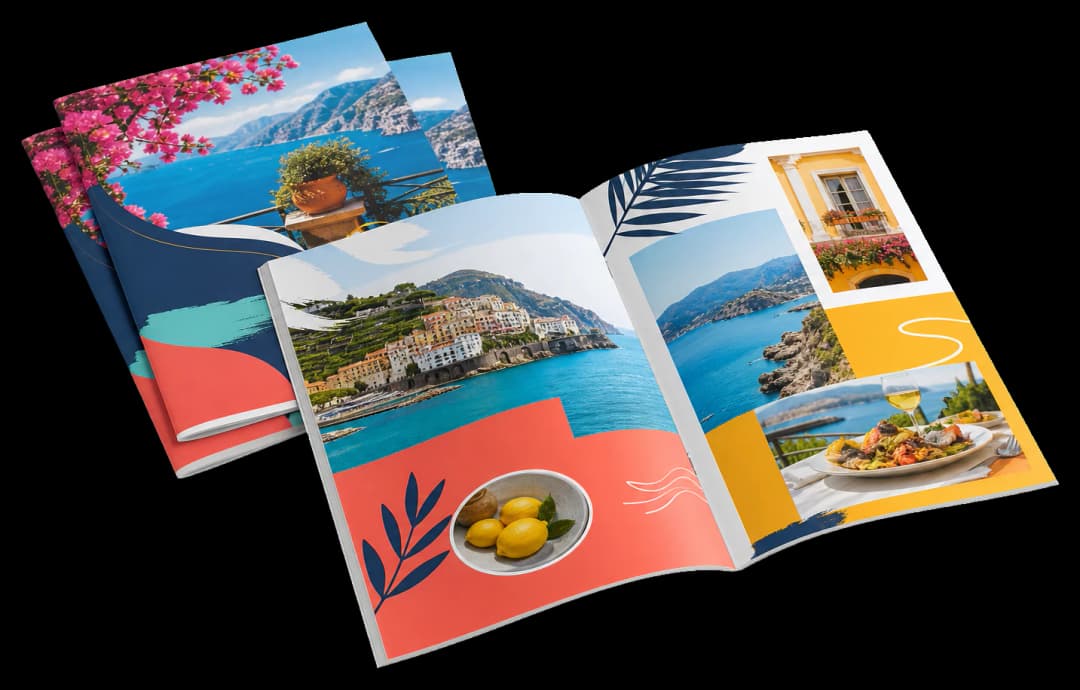 Brochure booklets print production example: Full-bleed multi-page brochures arranged in correct saddle-stitch reading order.