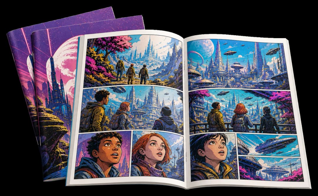Comic books print production example: US comic pages resized, imposed for saddle stitch, and finished with cutter marks.