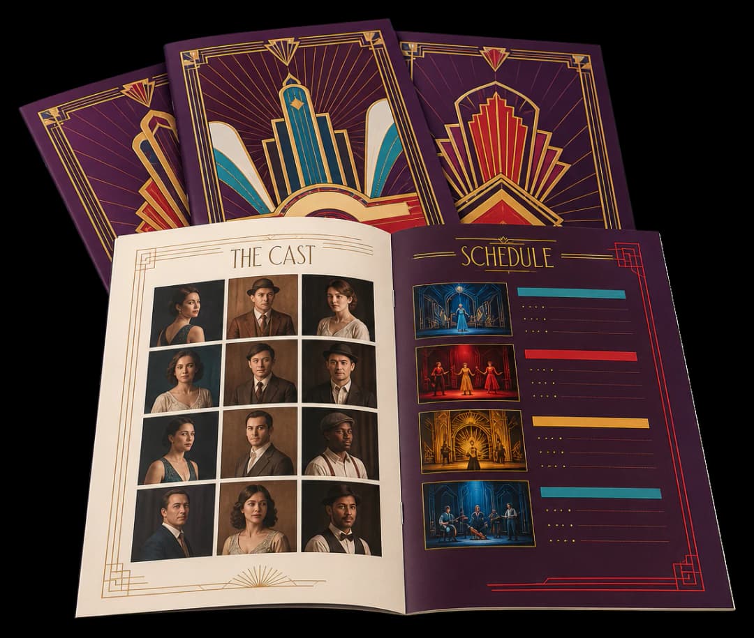 Event programs print production example: Theater and event pages imposed as a compact saddle-stitched program.