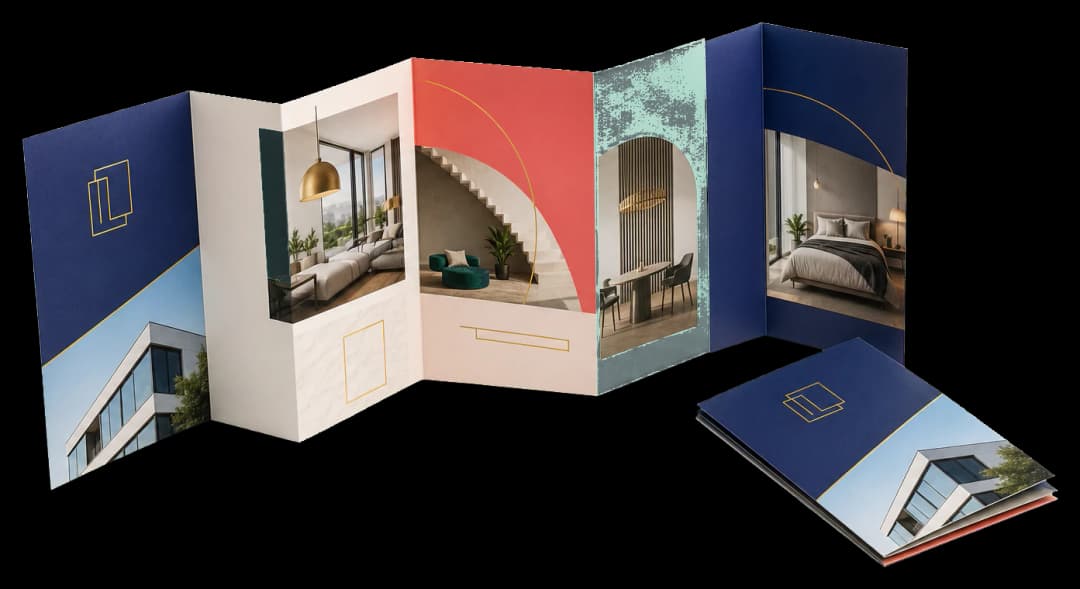 Folded brochures print production example: Z-fold accordion brochures with six aligned panels and accurate folding marks.