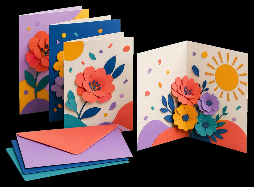 Greeting cards print production example: Folded greeting cards arranged for correct outside and inside orientation.