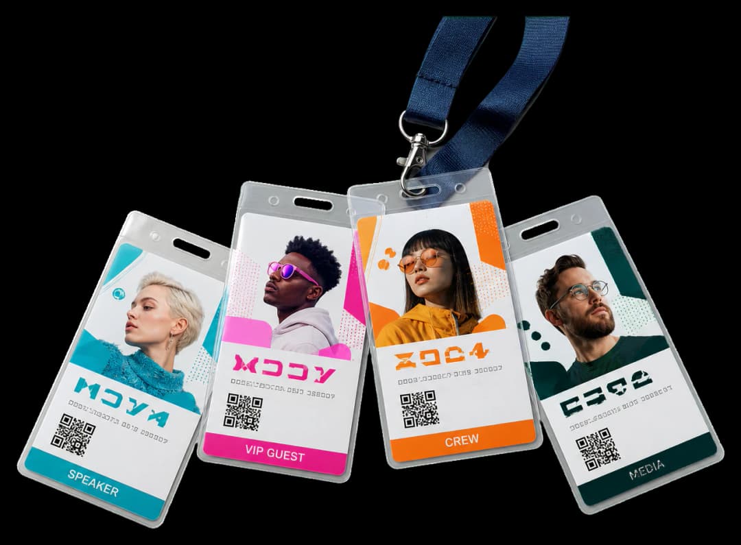 Identity cards print production example: Personalized photo badges with names and unique QR codes, imposed eight-up.