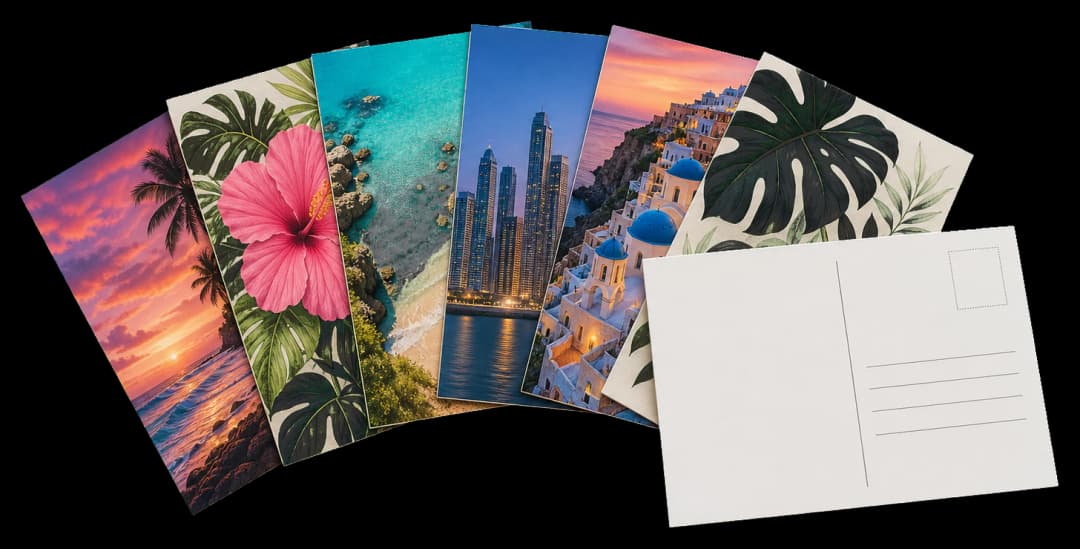 Postcards print production example: Full-bleed postcards imposed four-up with duplex alignment and press marks.
