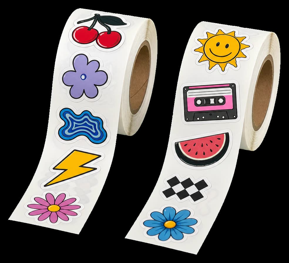 Sticker rolls print production example: Colorful contour-cut stickers nested across roll media with production cut paths.