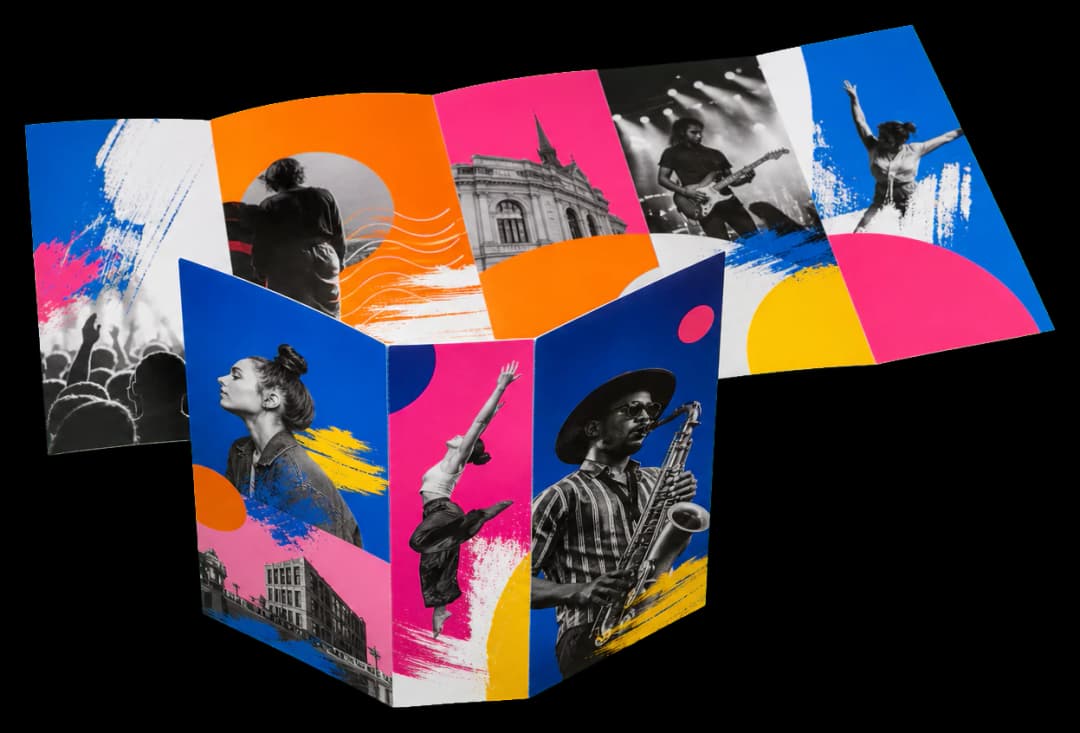 Tri-fold brochures print production example: Duplex six-panel brochures with compensated folds, cutter marks, and bleed.