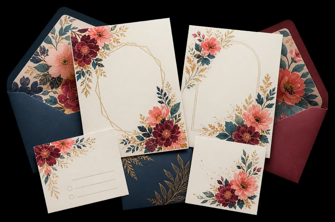 Wedding invitations print production example: Elegant 5×7 invitations imposed two-up with bleed and balanced trimming space.