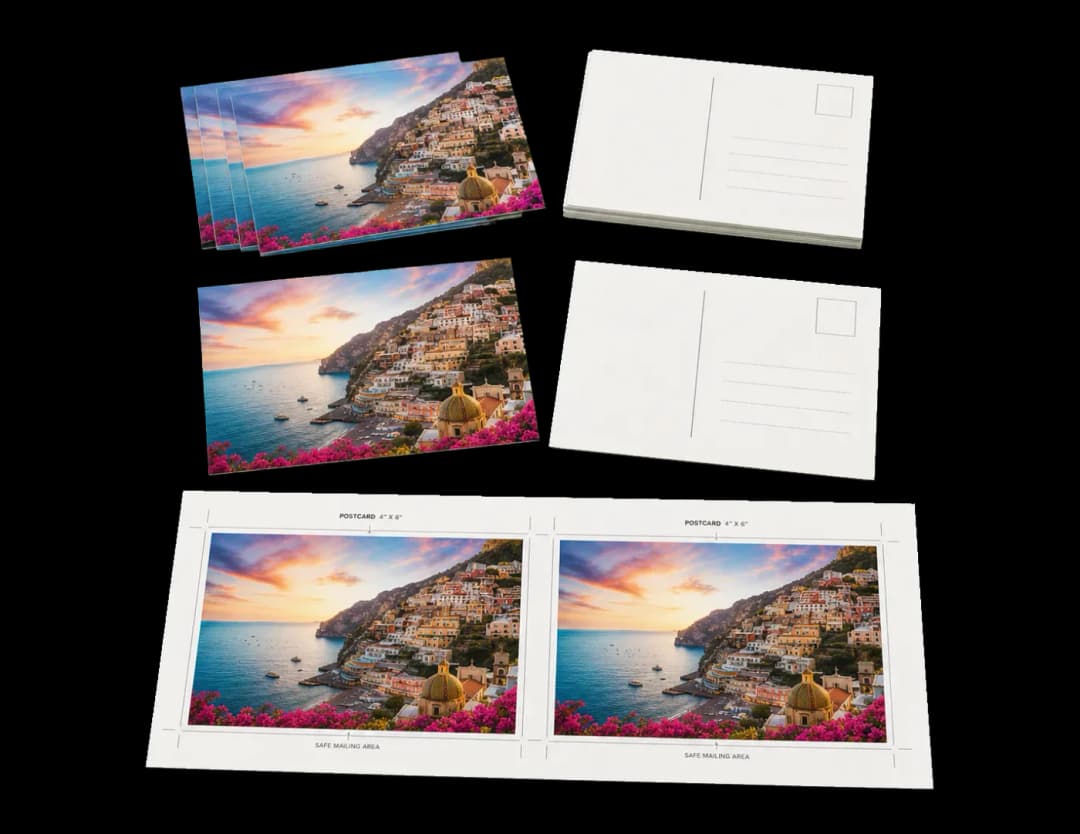 2-Up Postcards (4×6") — USPS-standard 4×6" postcards, 2-up on Letter for desktop or short-run digital.