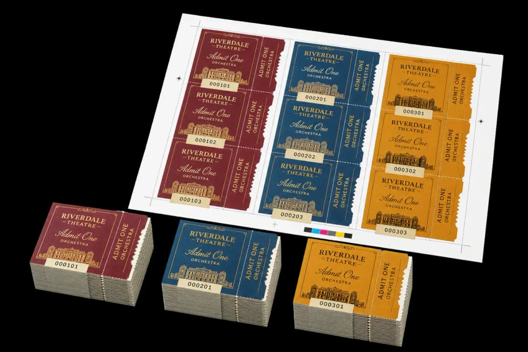 3-Up Numbered Tickets — Sequentially numbered event tickets in cut-and-stack (shingled) order for guillotine cutting and collating.