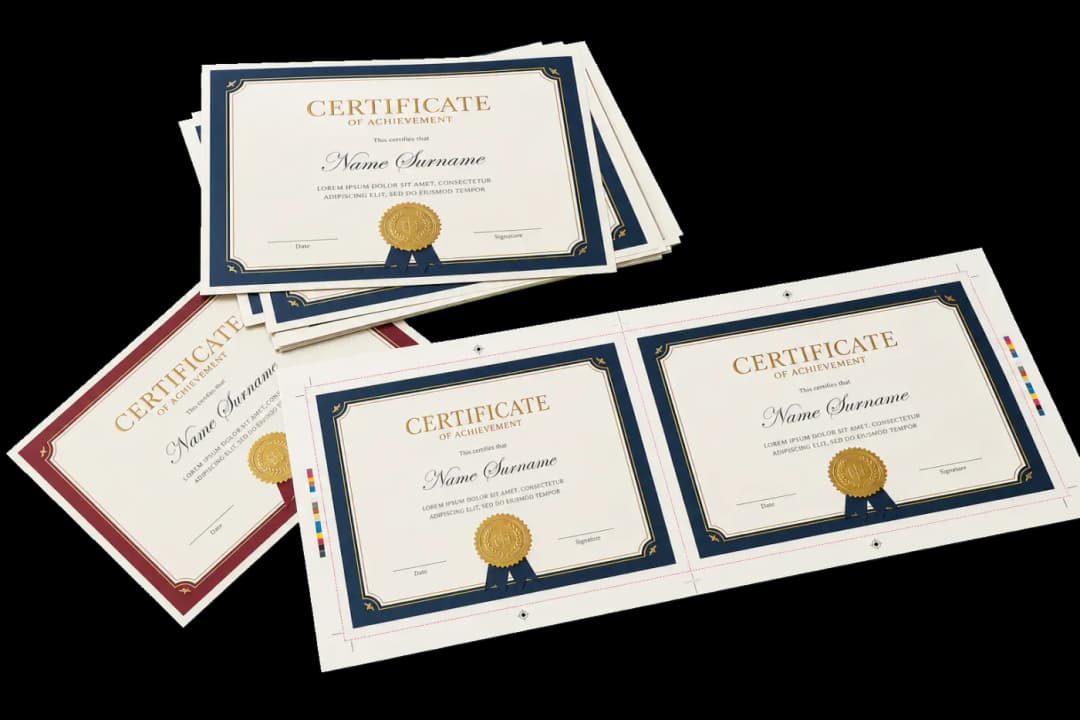 Certificate 2-Up — Award or training certificates 2-up on tabloid for desktop proofing or short-run printing.