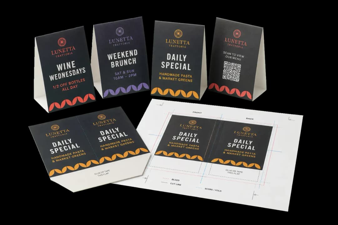 Tent Card 2-Up — Fold-in-half table tent cards (4.25×5.5" finished), 2-up on Letter for double-sided printing.