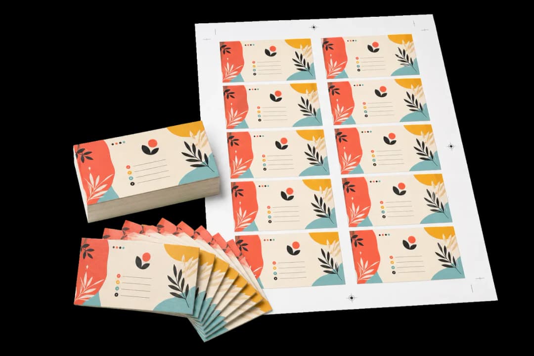10-Up Business Cards — Standard US business cards (3.5×2") ganged 10-up on Letter with bleeds and crop marks.