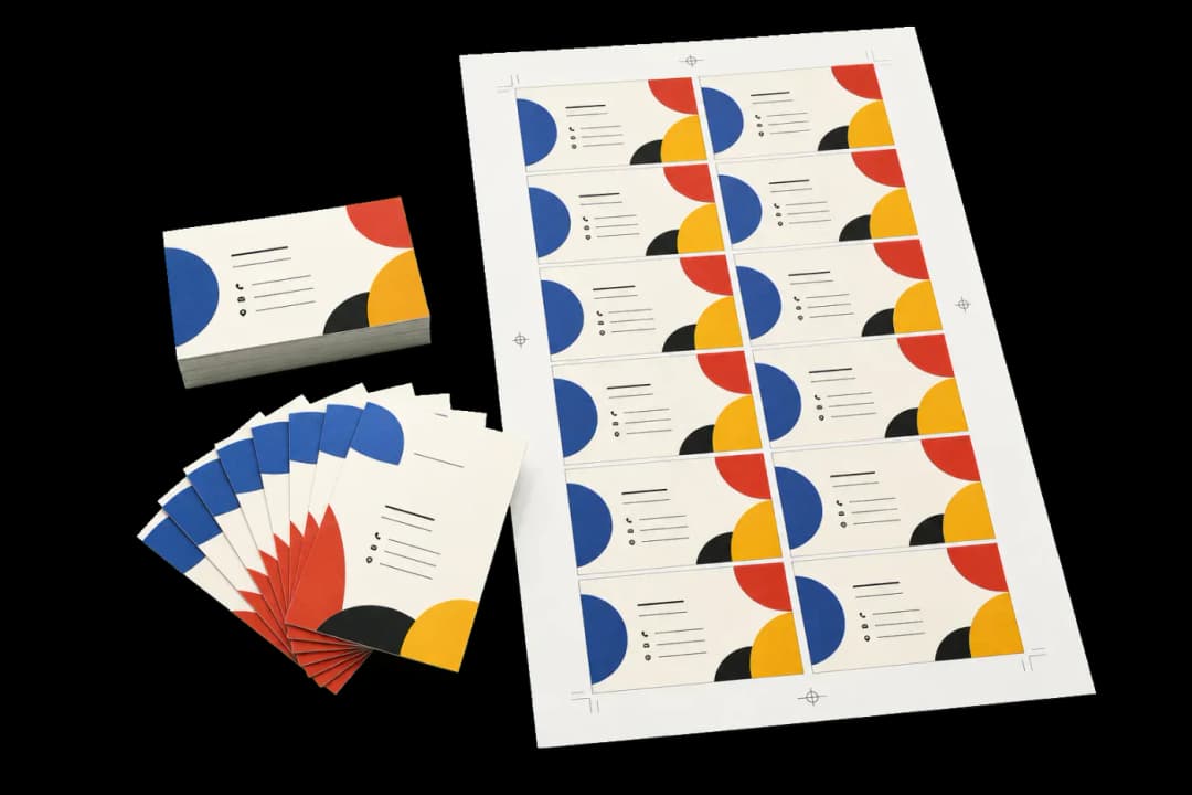 14-Up Business Cards (Tabloid) — Production-run business cards ganged 14-up on 11×17" tabloid for commercial offset.