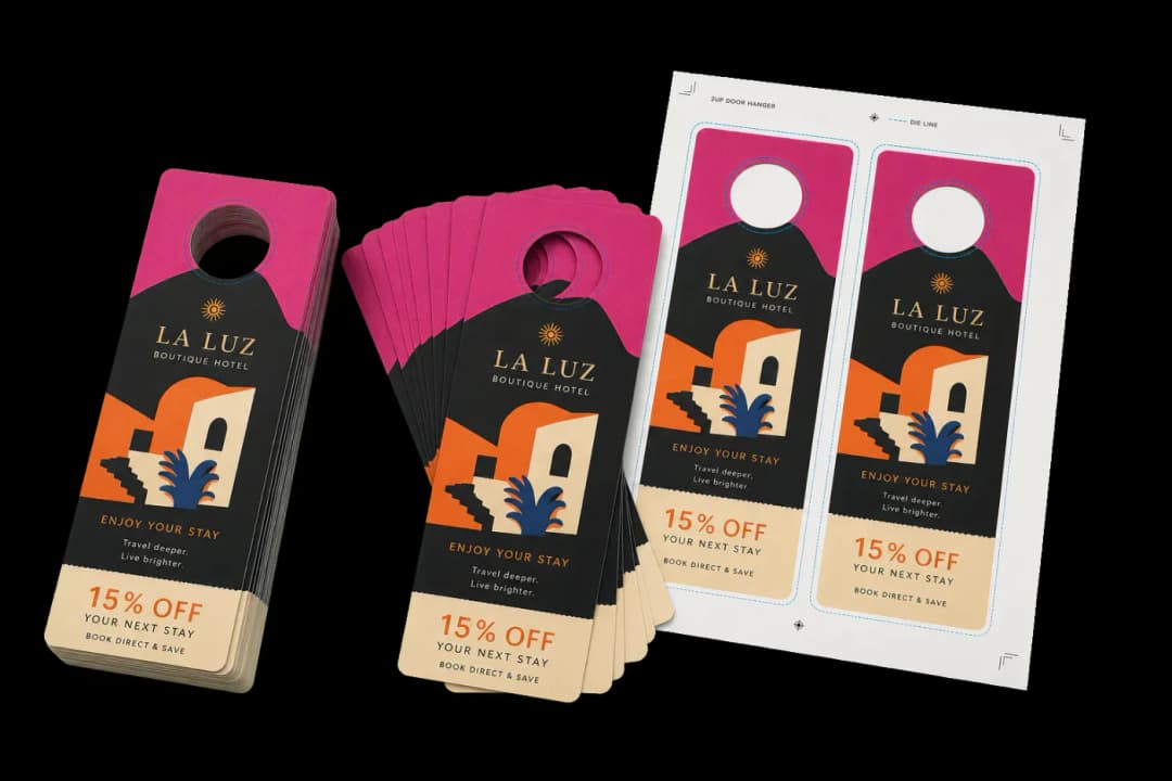 2-Up Door Hangers — Standard door hangers (3.875×8.75") ganged 2-up on Letter with trim marks.