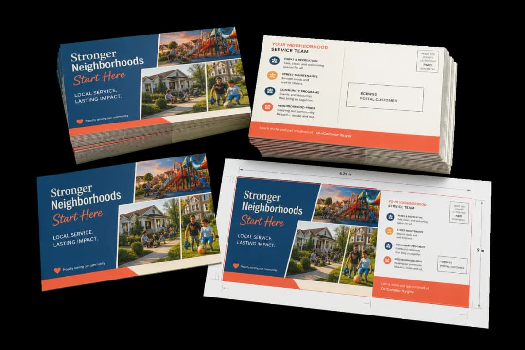 EDDM Postcard (6.25×9") — USPS Every Door Direct Mail oversized postcard on 13×19" stock.