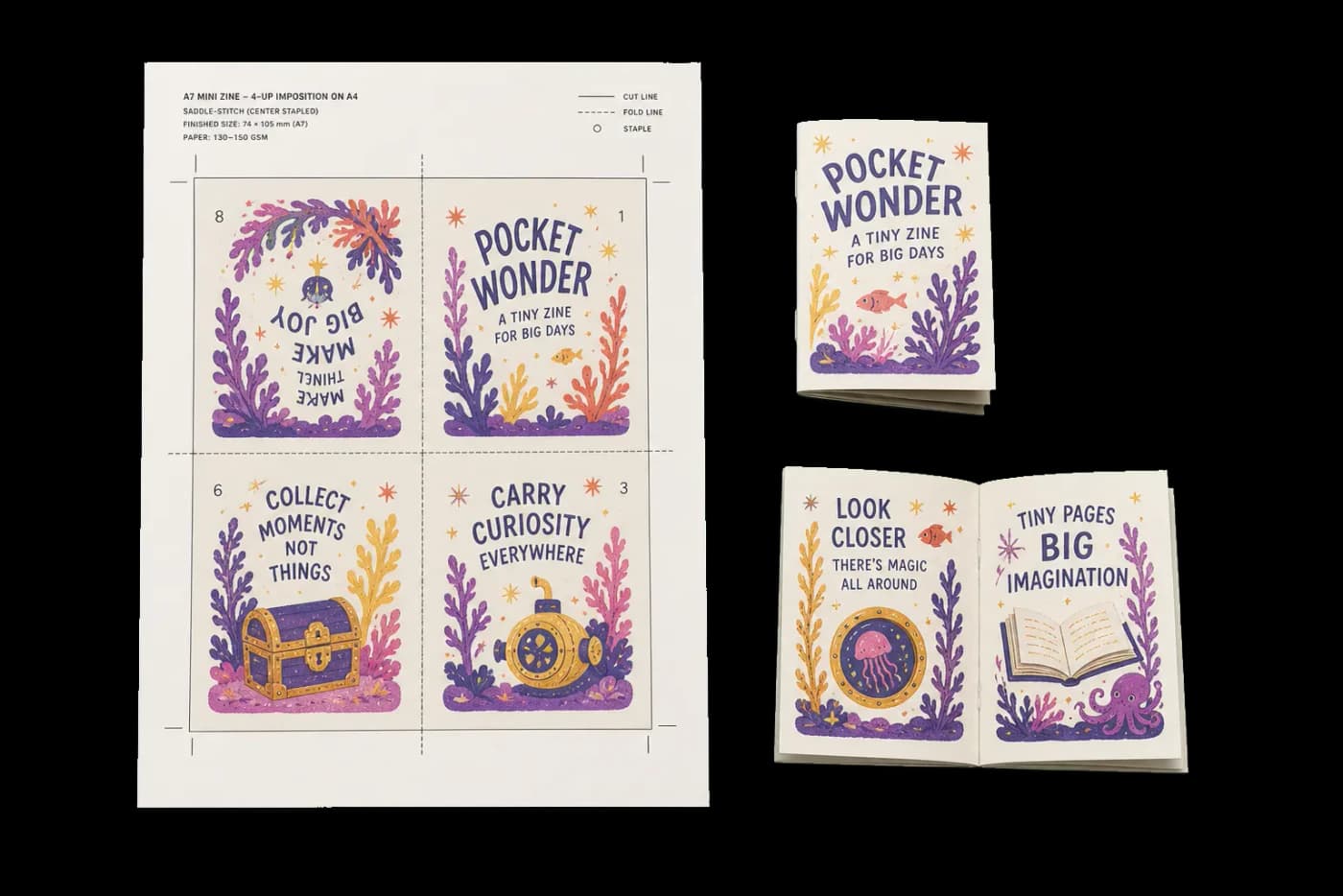 Zine — Folds a single sheet into a mini booklet, no stapling needed.