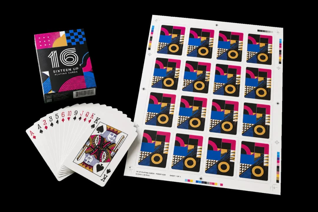 Playing Cards 16-Up — Standard poker-size playing cards (2.5×3.5") ganged 16-up on 12×18" stock.