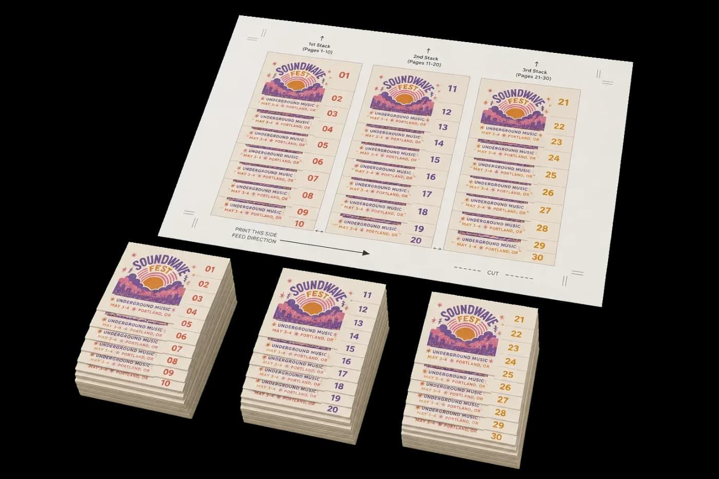 Tile Pages — Tiles your pages across a sheet and controls how they are ordered — sequential, cut-and-stack, or step-and-repeat — so long runs cut and collate with the fewest passes.