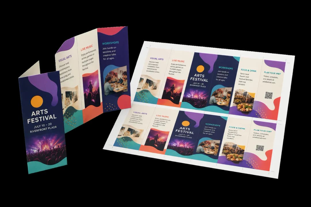 Tri-Fold Brochure 2-Up — Imposes two copies of each finished tri-fold brochure side on tabloid/A3-style duplex sheets.