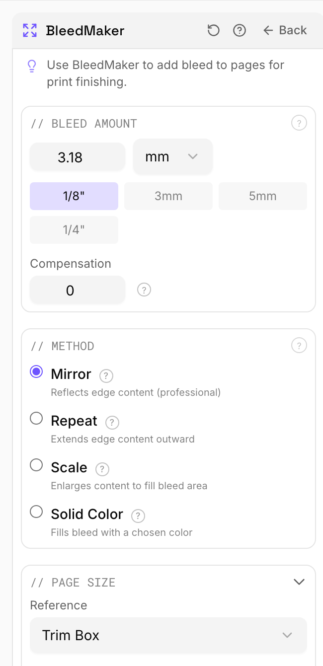 Zoomed PDF Press BleedMaker controls showing bleed amount presets, compensation, Mirror, Repeat, Scale, Solid Color, and Trim Box page size reference