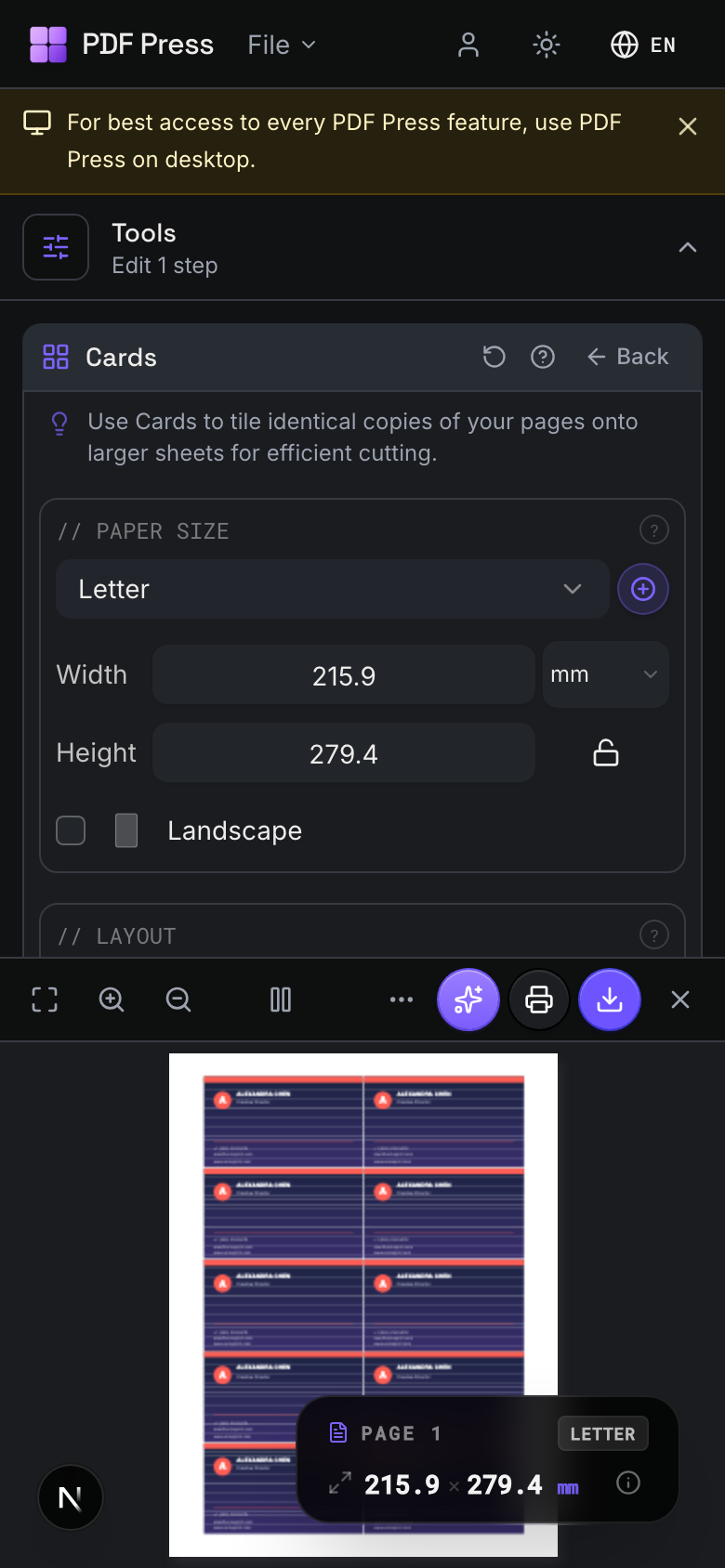 PDF Press mobile browser workspace after uploading a business card PDF, showing the Cards imposition settings and live imposed-sheet preview