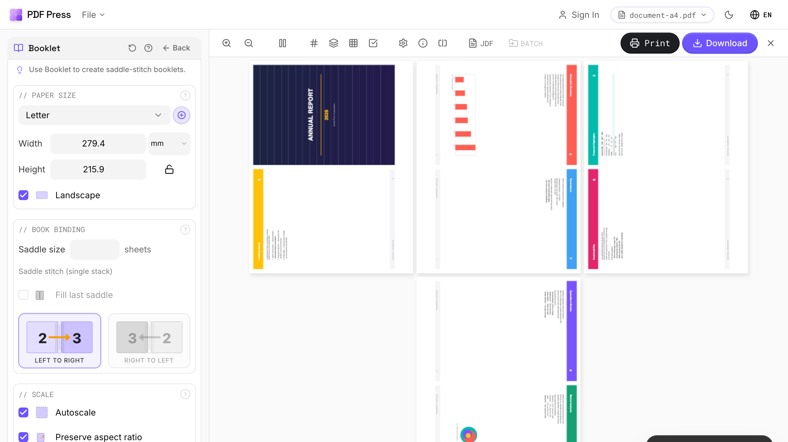 Set binding, sheet, and marks — pdfsnake-alternative in PDF Press