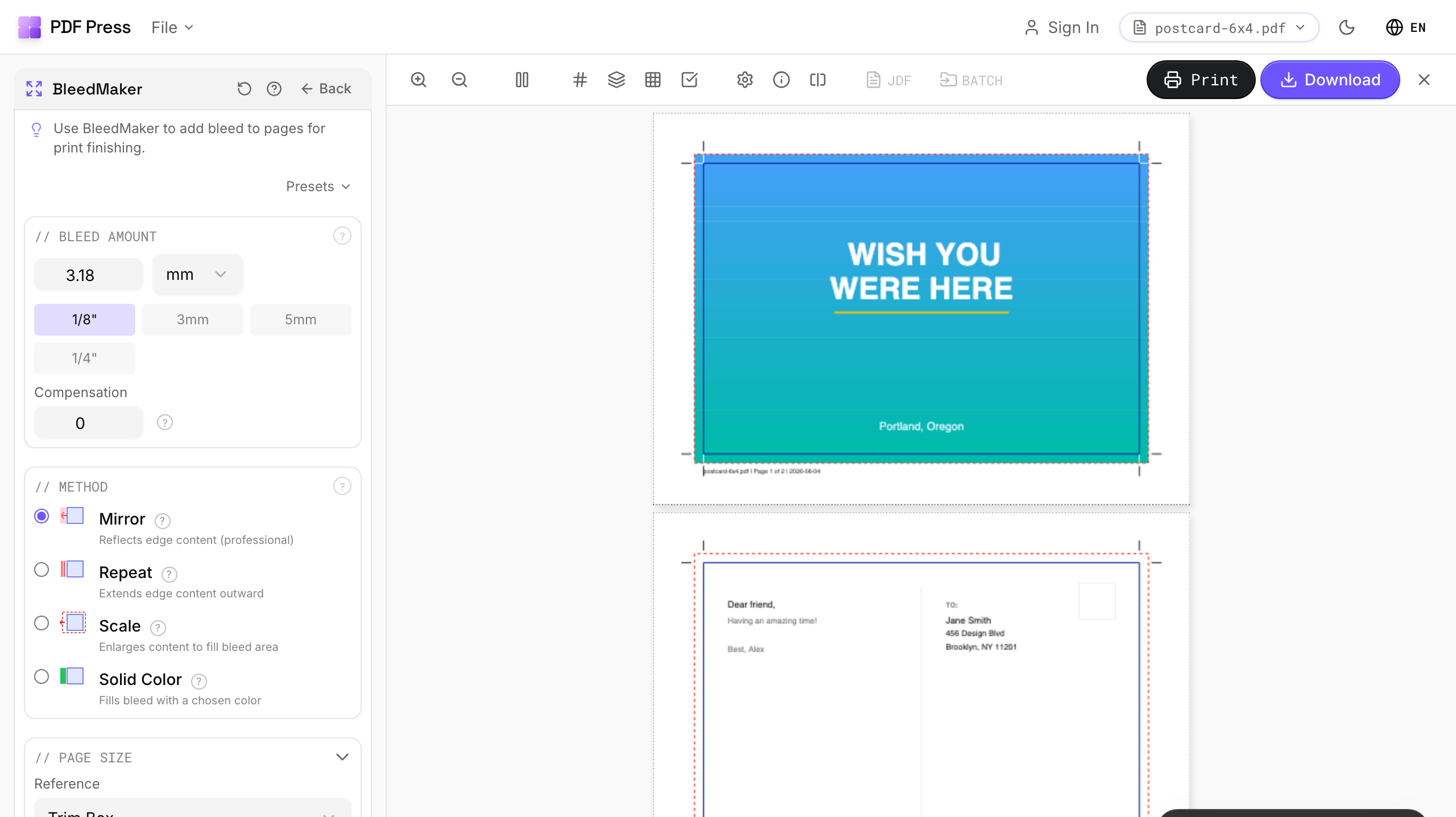 Preview and export with crop marks — print-bleed-guide in PDF Press