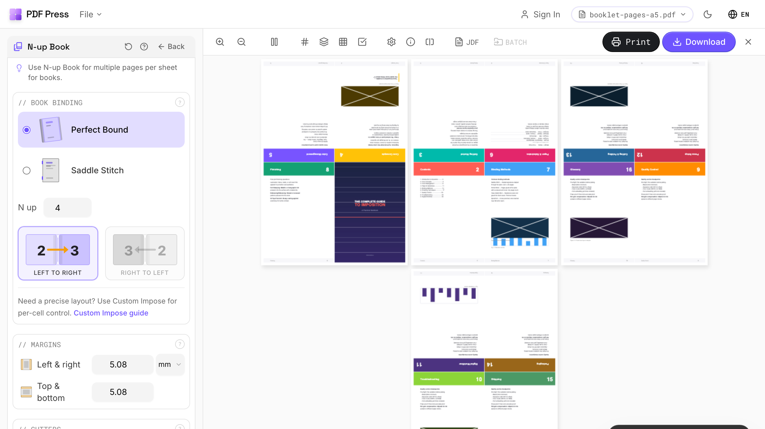 Open the N-up Book tool — signatures-in-printing in PDF Press