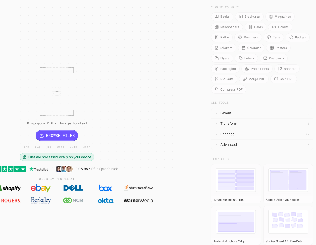 PDF Press empty workspace with upload area and template sidebar