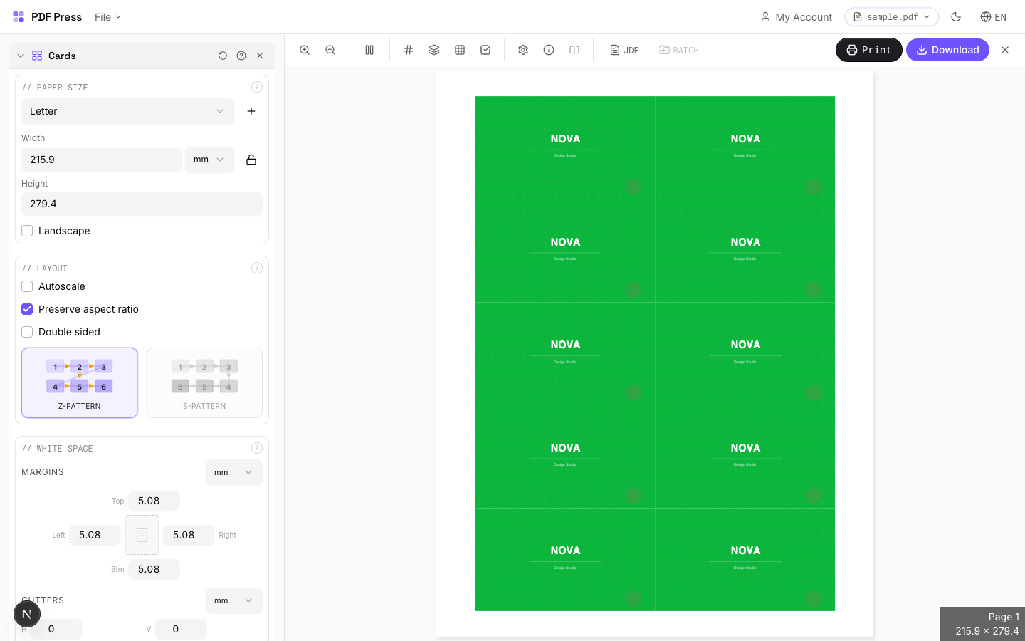 PDF Press preview toolbar with page navigation and zoom controls