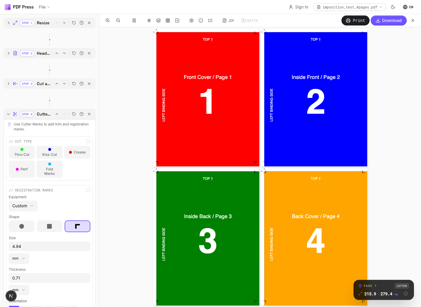 Cut and stack imposition preview with sequential pages