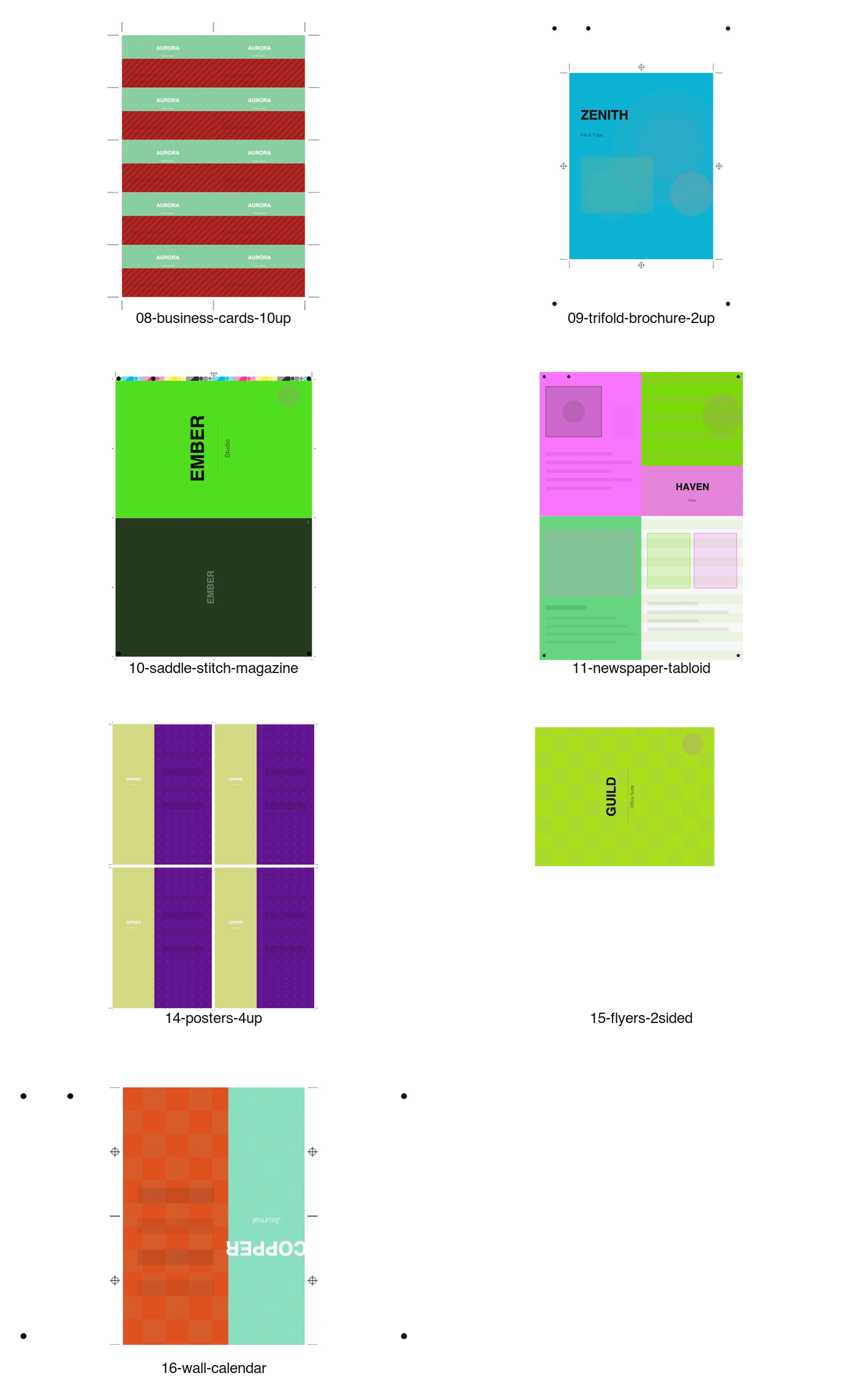 Examples of imposed business cards, brochures, magazines, newspapers, posters, flyers, and calendars