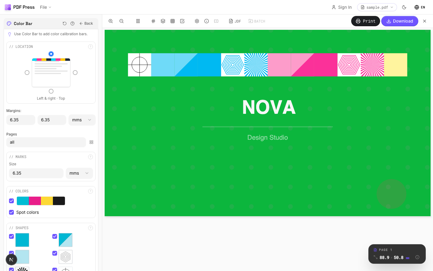 Color Bar workflow open in PDF Press with a sample PDF loaded