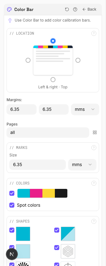 PDF Press Color Bar settings panel showing paper size, layout and page order