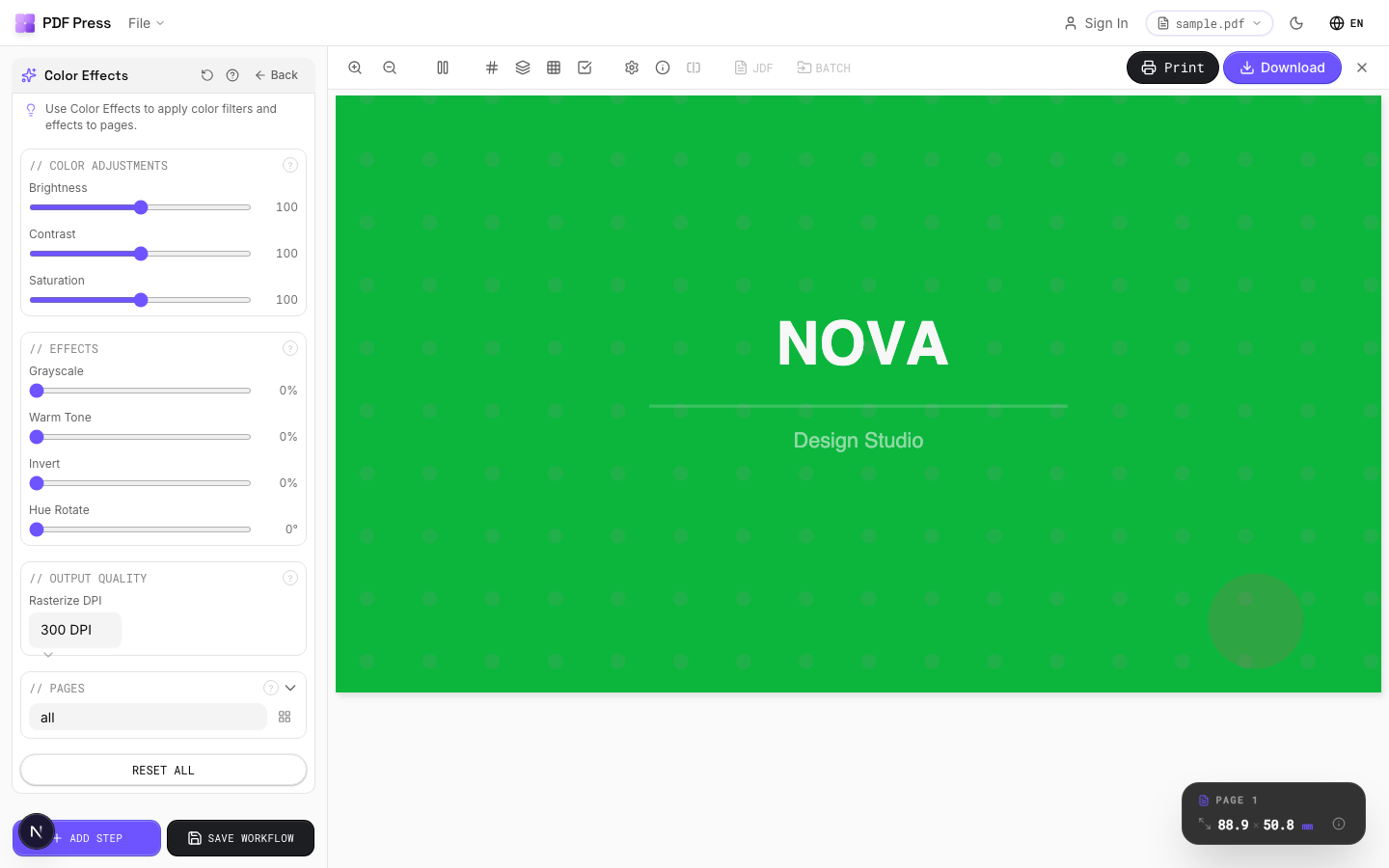 pdfpress.app Color Effects tool interface showing filter options and preview