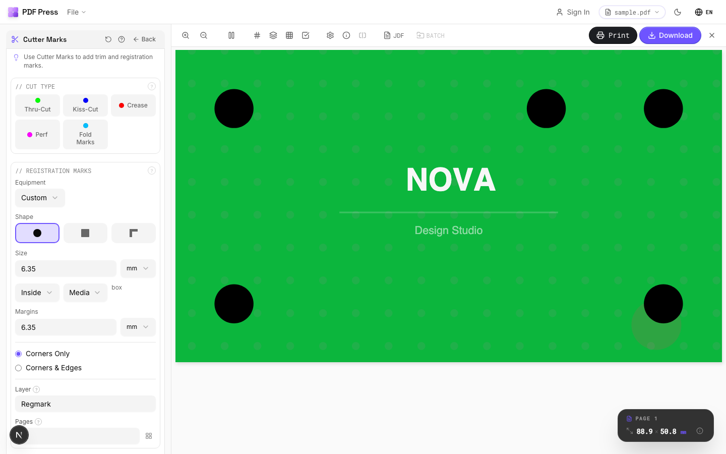 Cutter Marks workflow open in PDF Press with a sample PDF loaded