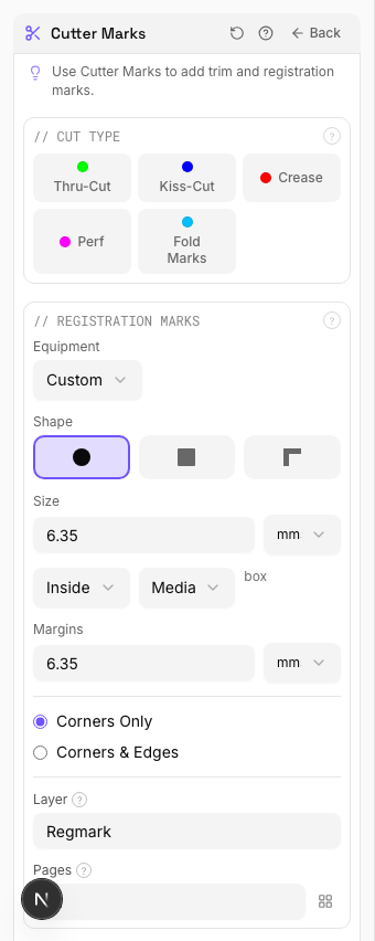 PDF Press Cutter Marks settings panel showing paper size, layout and page order