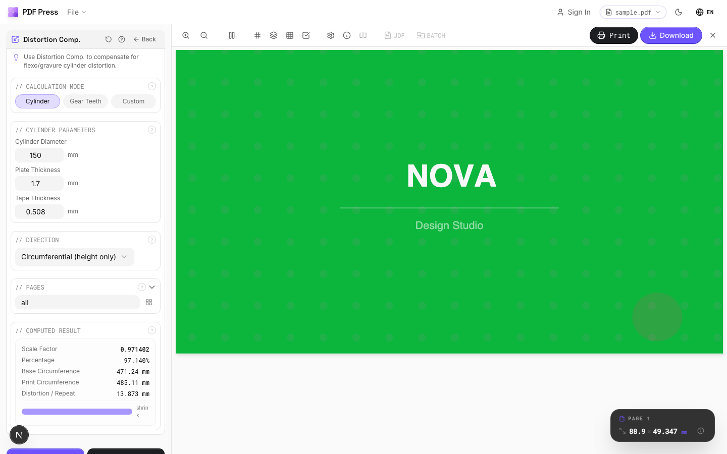 Flexo Distortion workflow open in PDF Press with a sample PDF loaded