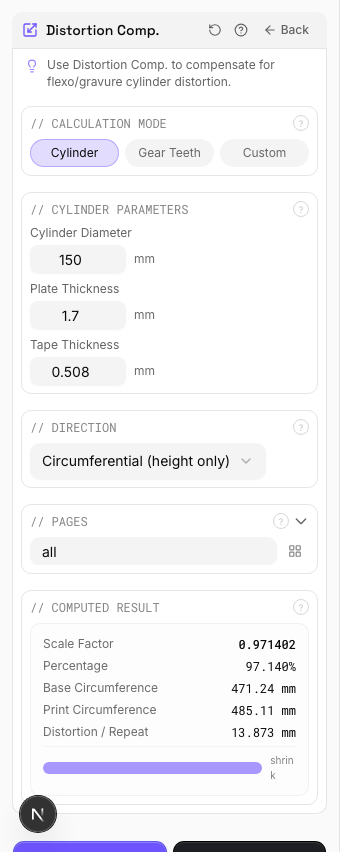PDF Press Flexo Distortion settings panel showing paper size, layout and page order
