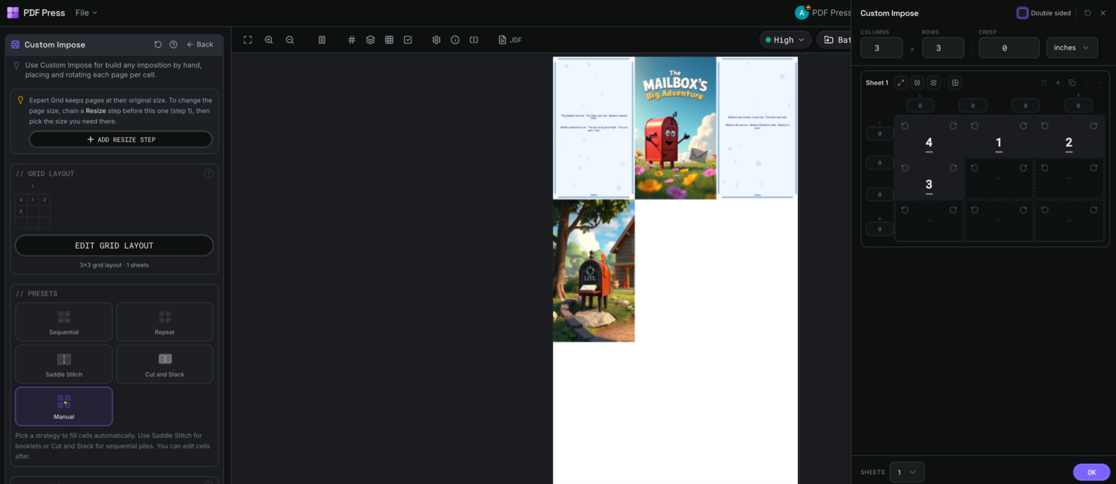 PDF Press applying a saved imposition layout across files in the browser