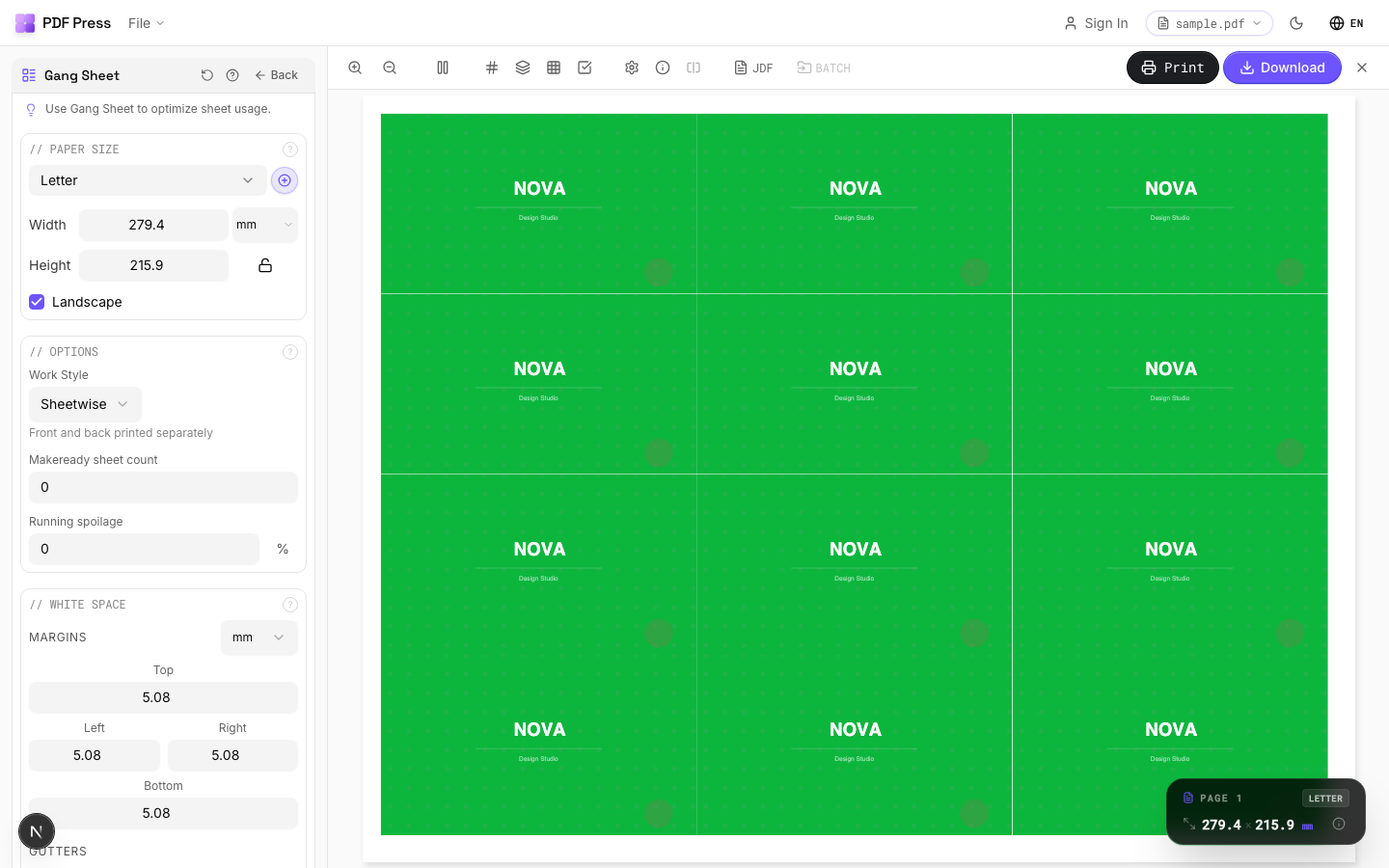 PDF Press Gang sheet maker in a browser — no USB dongle or license server