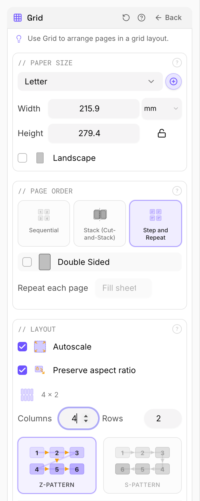 Grid settings panel set to 4 columns by 2 rows with Step and Repeat page order