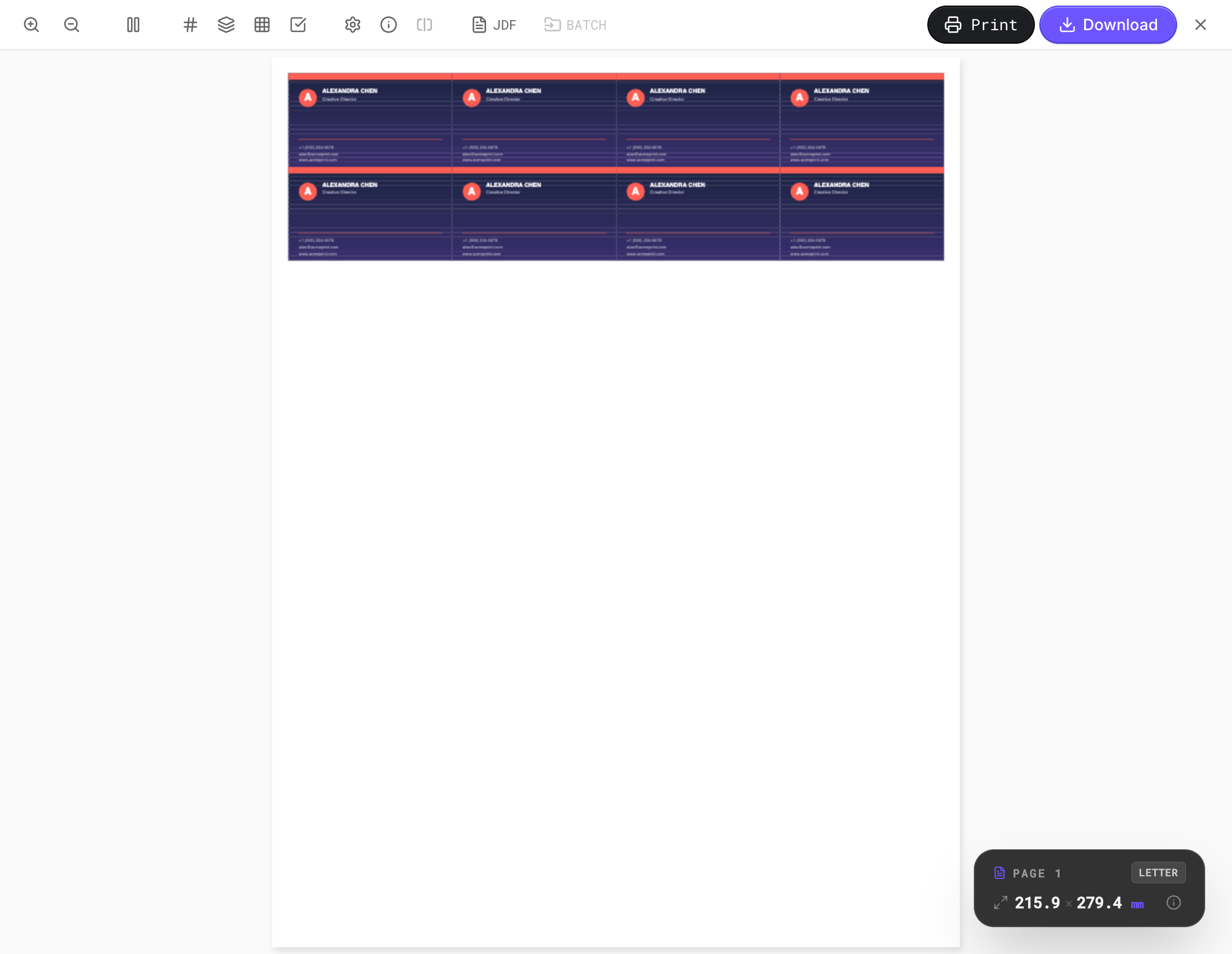 Live preview of eight business cards imposed 8-up on a US Letter sheet in PDF Press
