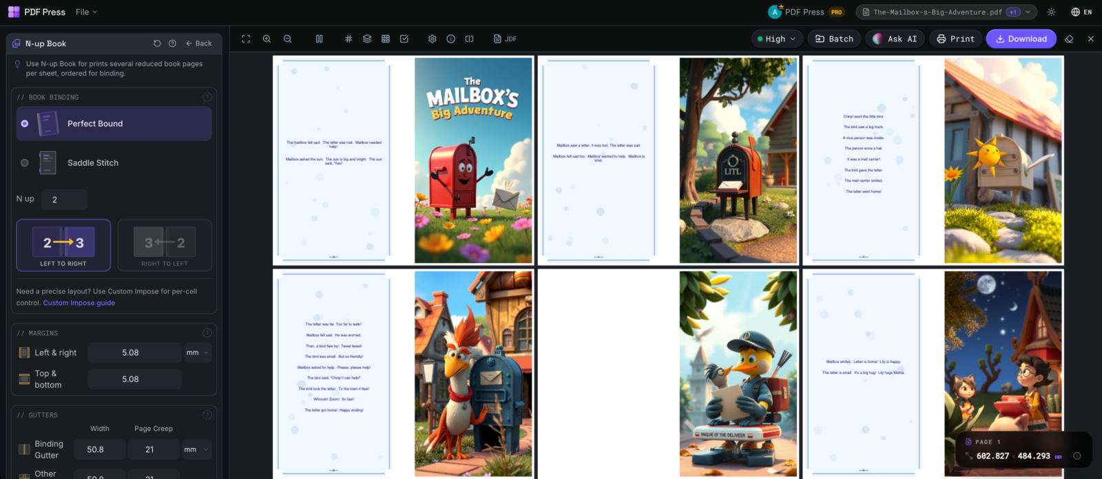 N-up Book workflow open in PDF Press with a sample PDF loaded