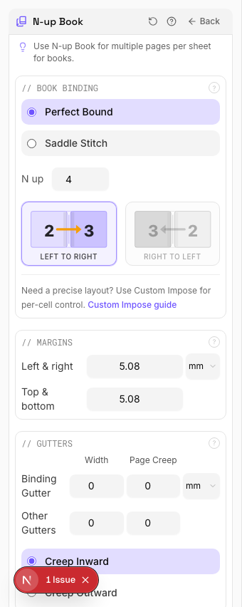 PDF Press N-up Book settings panel showing paper size, layout and page order