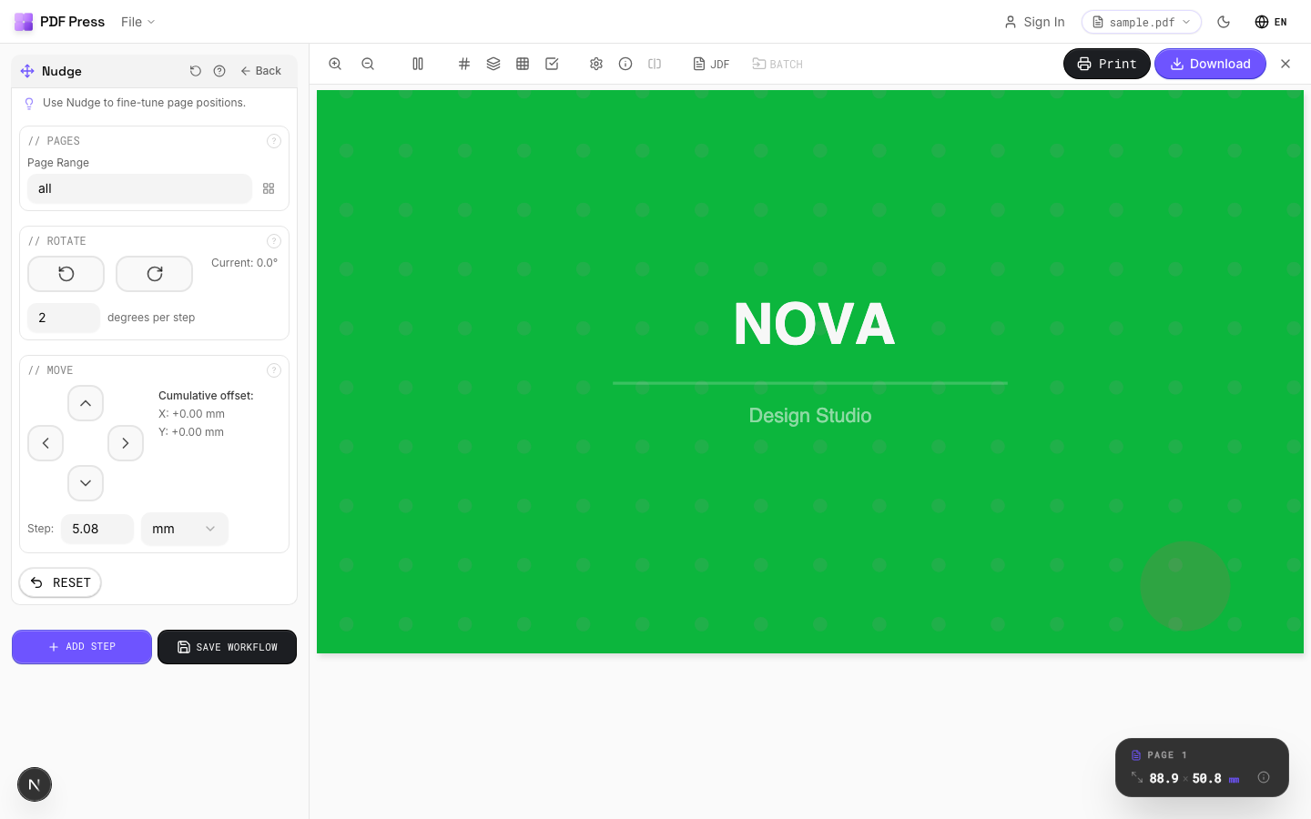 Nudge workflow open in PDF Press with a sample PDF loaded