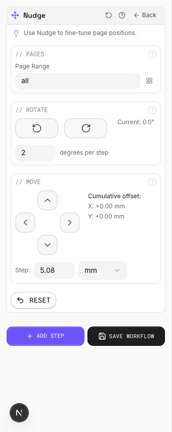 PDF Press Nudge settings panel showing paper size, layout and page order
